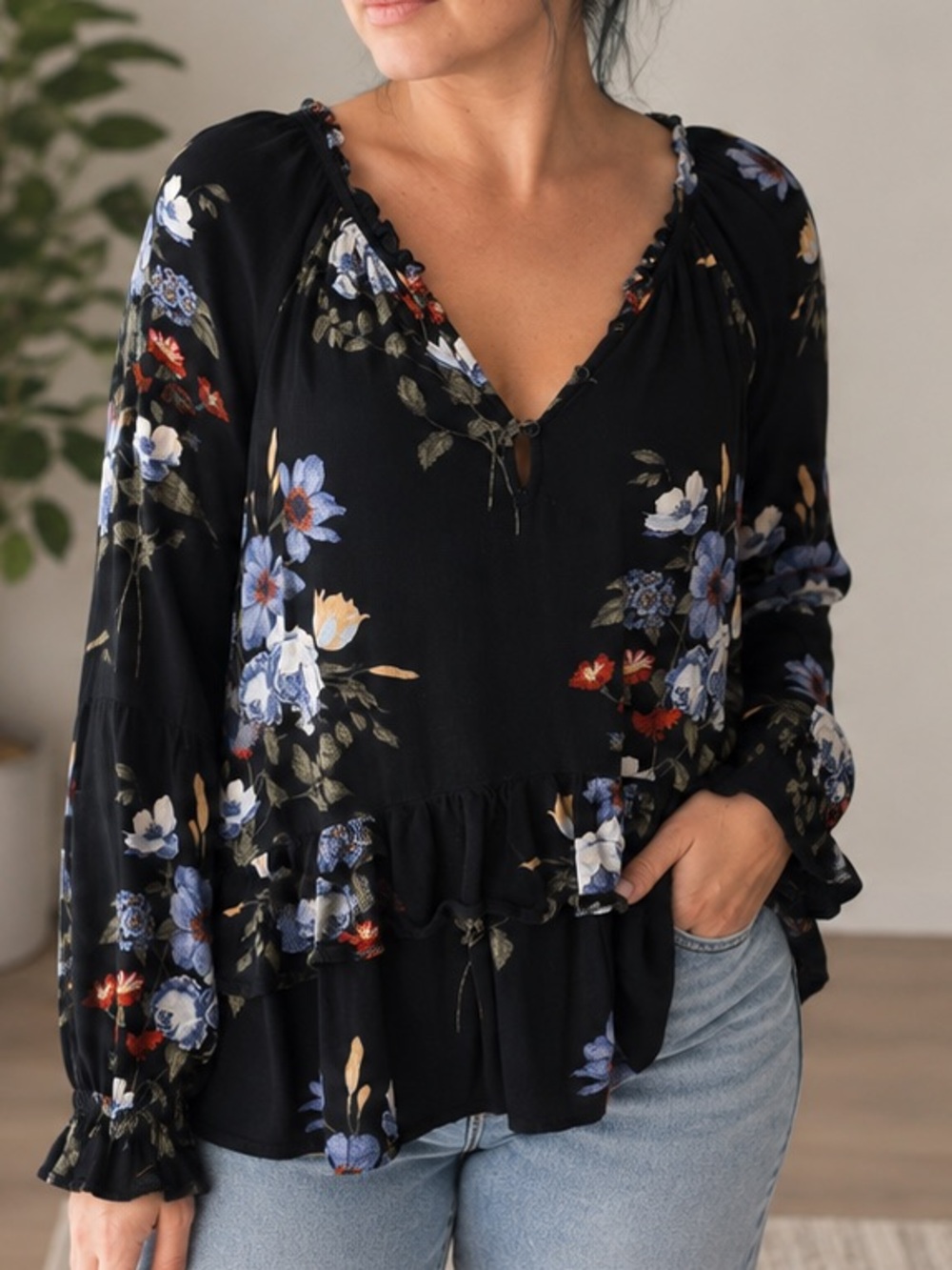 American Eagle Outfitters Black Floral Peasant Blouse with Blue & Red Accents